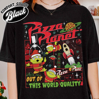 Pizza Planet Alien Shirt, Pizza Planet Christmas Shirt, Green Aliens Christmas Shirt, Santa Aliens Christmas Lights Tee, Very Merry Xmas Tee