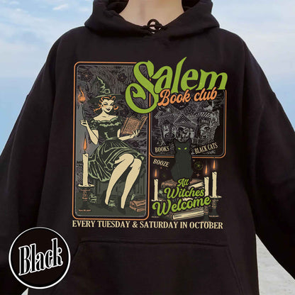 Halloween Bookish Hoodie, Salem Witch Book Club Hoodie, Black Cat Broom Hoodie