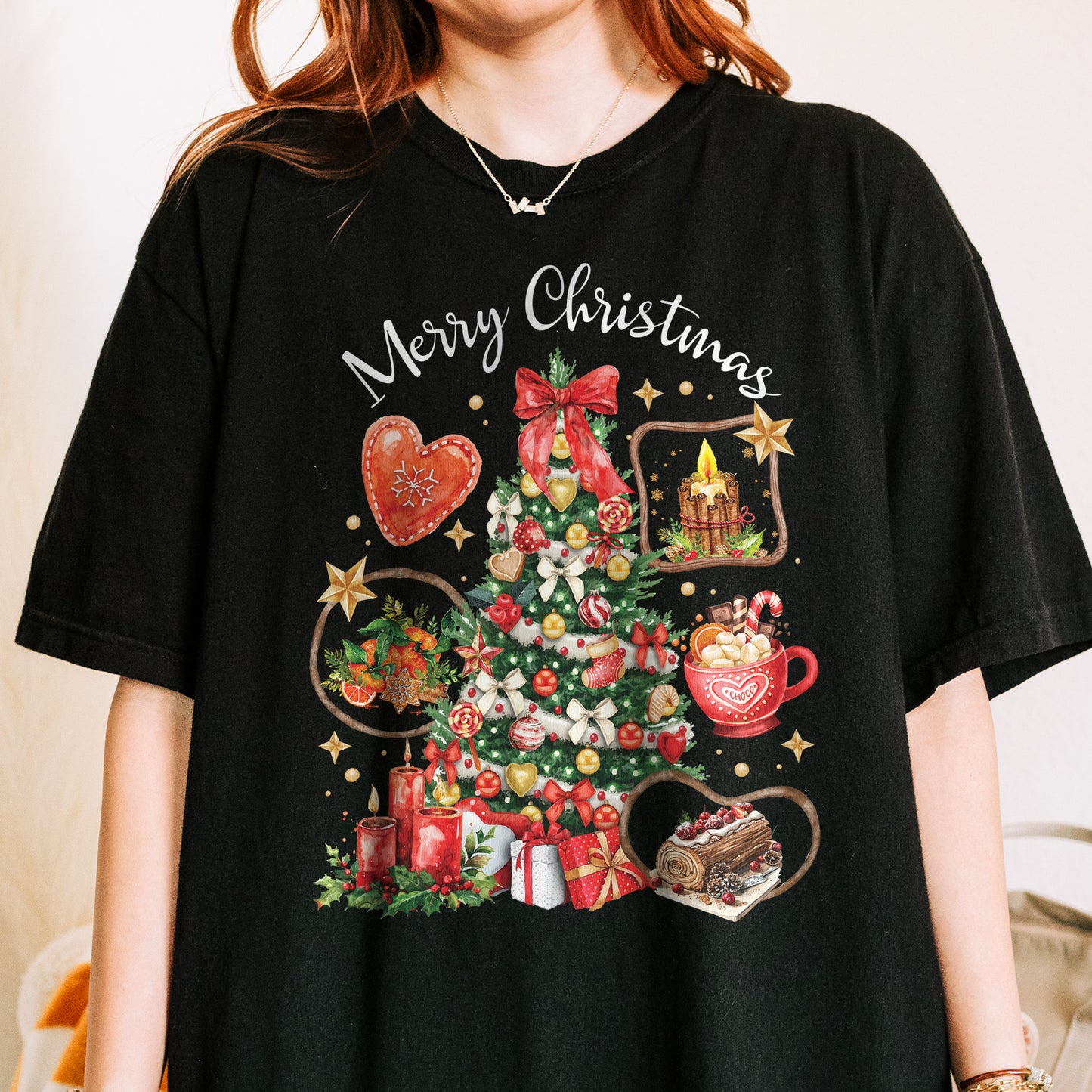 Vintage Merry Christmas Shirt – Christmas Tree Candy Cane Hot Cocoa Holiday Tee