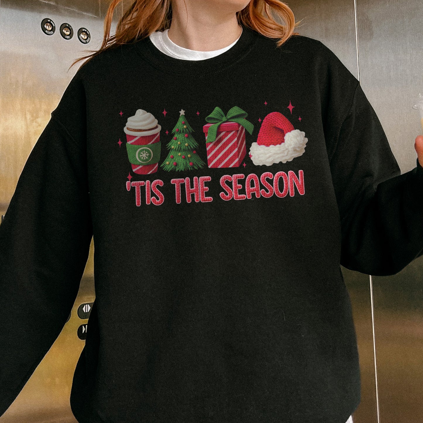 Tis The Season Shirt: Christmas Coffee, Holiday Gift, Santa Hat Tree, Festive Christmas Outfit Sweatshirt