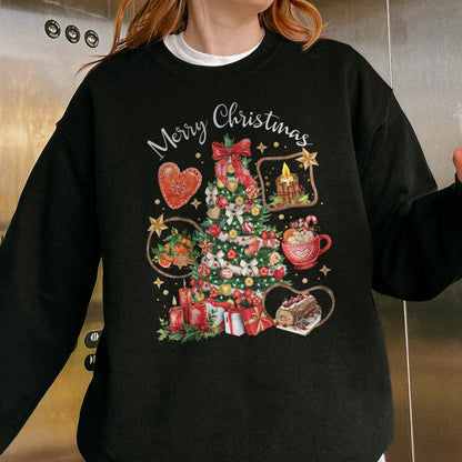 Vintage Merry Christmas Sweatshirt – Christmas Tree Candy Cane Hot Cocoa Holiday Sweatshirt