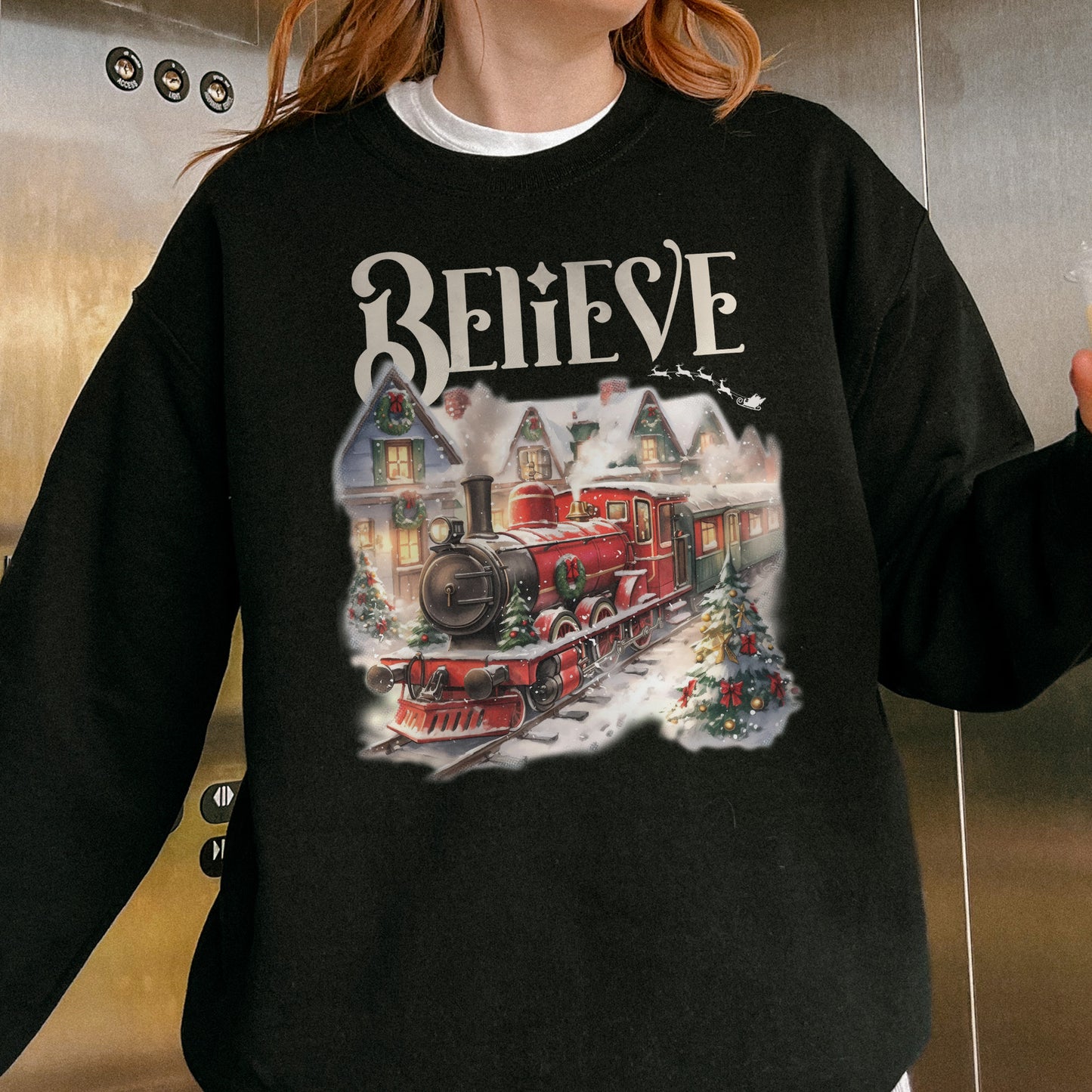 Believe Polar Express Christmas Train Sweatshirt | Holiday Santa Sleigh Sweatshirt