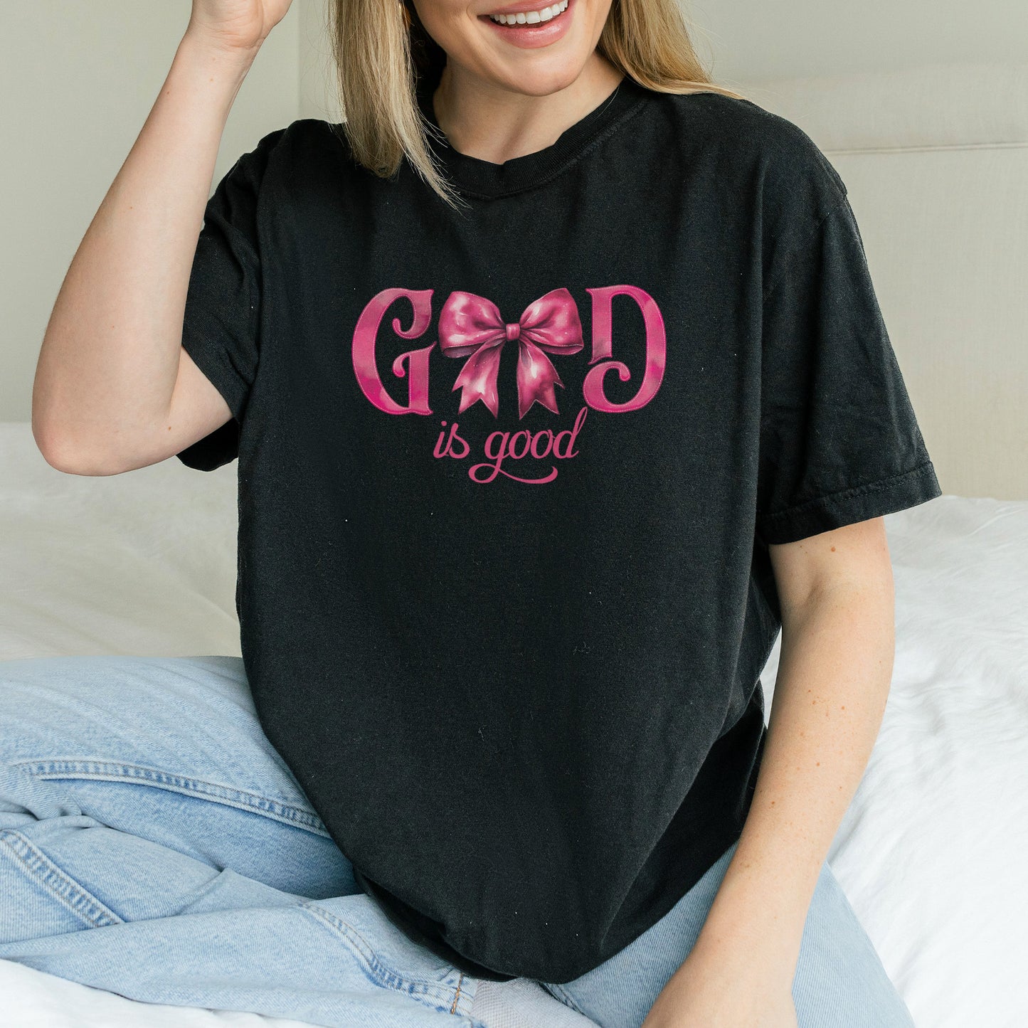 God Is Good Shirt | Pink Bow Christian Faith Tee, Bible Verse Top