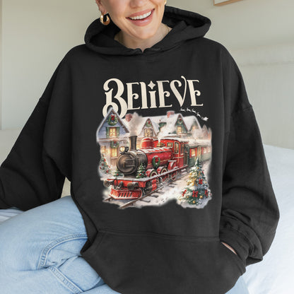 Believe Polar Express Christmas Train Hoodie | Holiday Santa Sleigh Hoodie