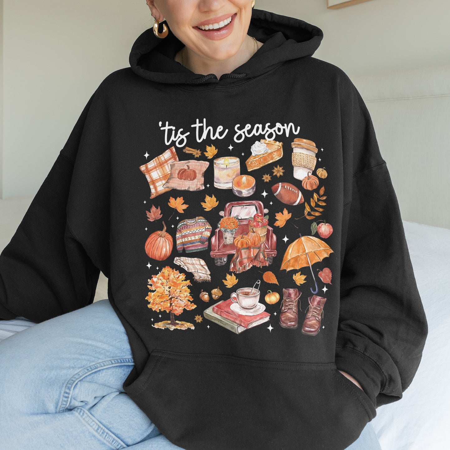 Tis the Season Tee, Pumpkin Season, Autumn Doodle Harvest, Women’s Cozy Hoodie