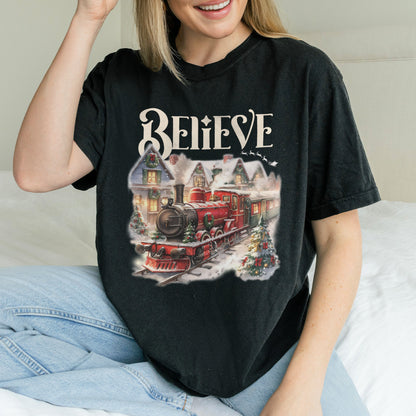 Believe Polar Express Christmas Train Shirt | Holiday Santa Sleigh Tee