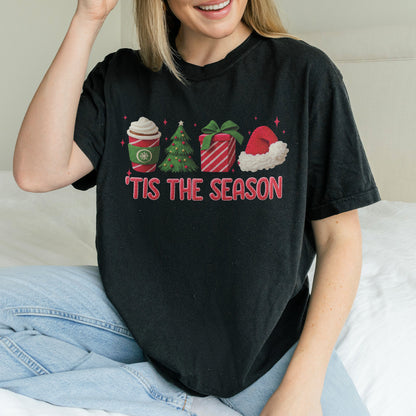 Tis The Season Shirt: Christmas Coffee, Holiday Gift, Santa Hat Tree, Festive Christmas Outfit Tshirt
