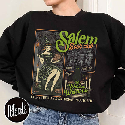 Halloween Bookish Sweatshirt, Salem Witch Book Club Sweatshirt, Black Cat Broom Sweatshirt