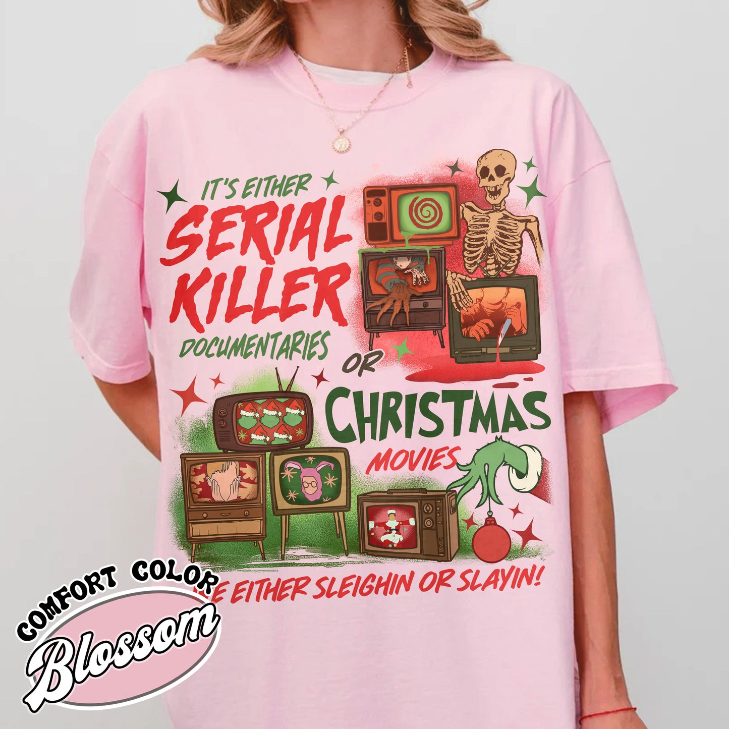 Slaying Or Sleighing Shirt,Horror Christmas Funny Christmas Shirt,Scary Christmas Shirt, Crime Documentaries,Christmas Movies  Shirt