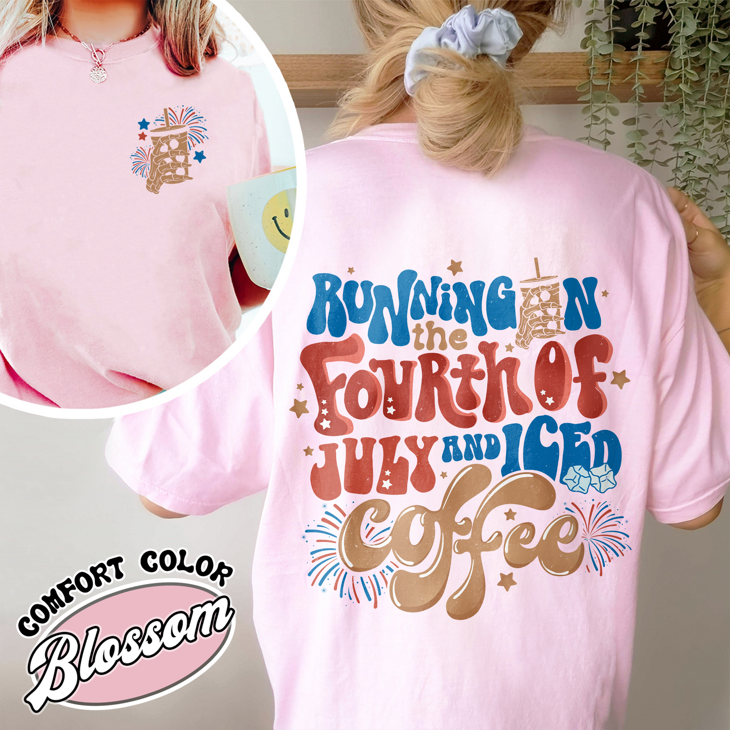 Running On The 4th Of July And Iced Coffee Comfort Colors Shirt, Patriotic Shirt, Happy 4th Of July Tee, Coffee Lover Shirt, Independence Day