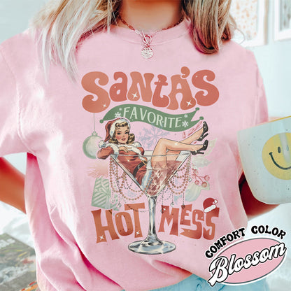 Santa Favorite Hot Mess Wine Shirt, Christmas Martini Shirt, Martini Christmas Shirt, Coquette Christmas Drink Shirt, Espresso Martini Christmas