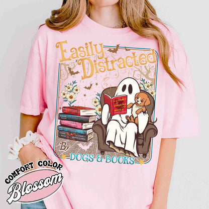 Easily Distracted Dogs And Books Shirt, Books And Dogs Shirt, Ghost Reading Books Shirt, Halloween Little Ghost Shirt, Book Lover Ghost Gift