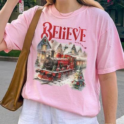 Believe Polar Express Christmas Train Shirt | Holiday Santa Sleigh Tee