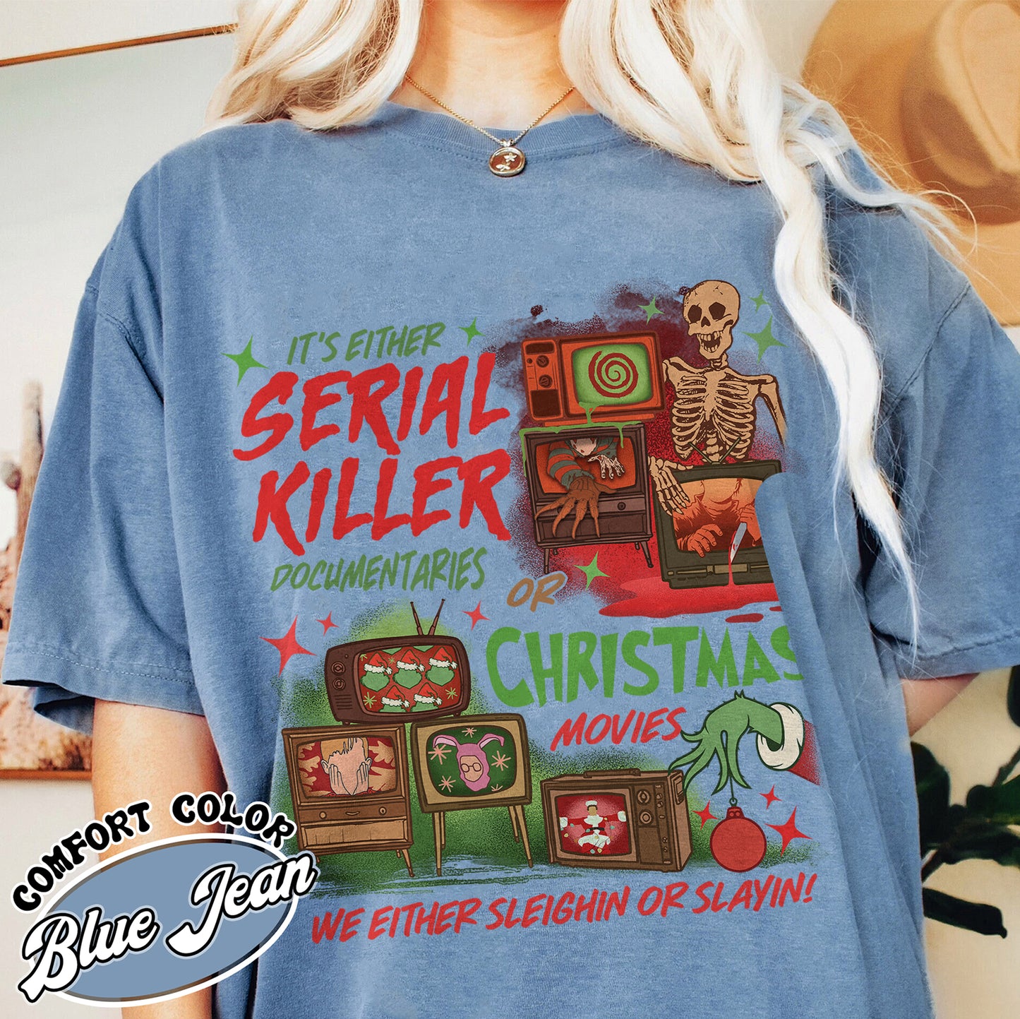 Slaying Or Sleighing Shirt,Horror Christmas Funny Christmas Shirt,Scary Christmas Shirt, Crime Documentaries,Christmas Movies  Shirt