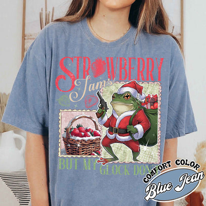 Strawberry Jams but My Glock Don’t Shirt, Funny Frog Graphic Tee-Shirt, Christmas Frog T-Shirt, Meme Shirt, Cowboy Frog, Funny Frog Cowboy Shirt