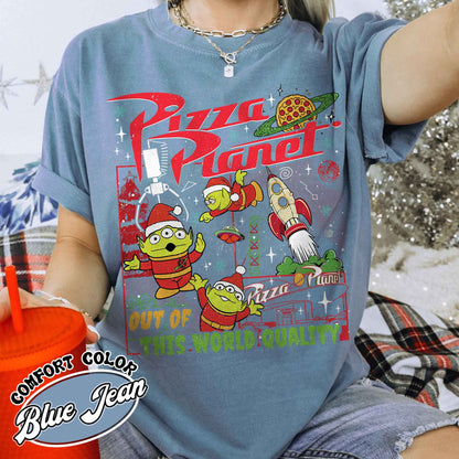 Pizza Planet Alien Shirt, Pizza Planet Christmas Shirt, Green Aliens Christmas Shirt, Santa Aliens Christmas Lights Tee, Very Merry Xmas Tee