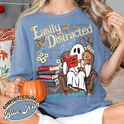 Easily Distracted Dogs And Books Shirt, Books And Dogs Shirt, Ghost Reading Books Shirt, Halloween Little Ghost Shirt, Book Lover Ghost Gift