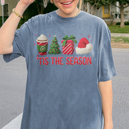 Tis The Season Shirt: Christmas Coffee, Holiday Gift, Santa Hat Tree, Festive Christmas Outfit Tshirt