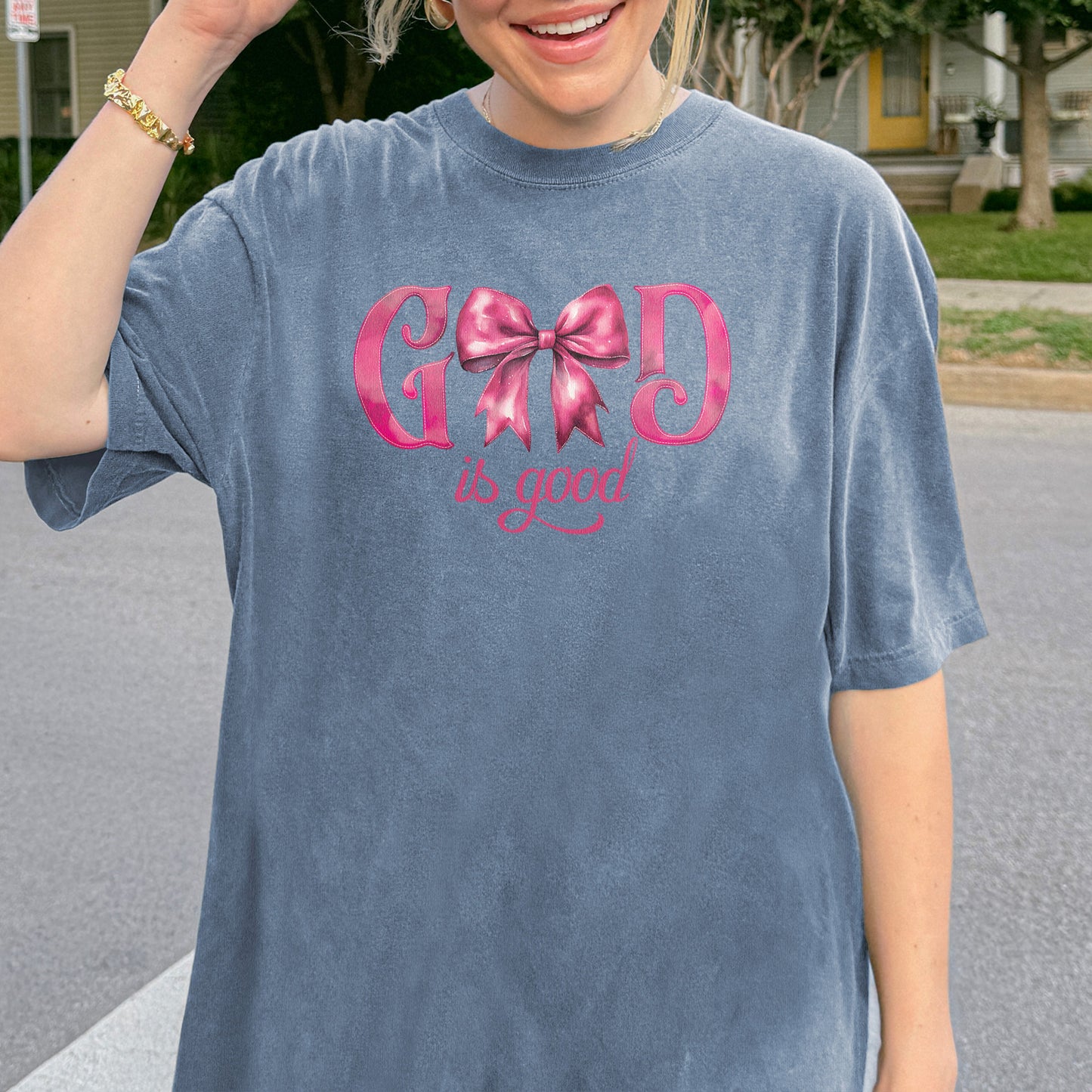 God Is Good Shirt | Pink Bow Christian Faith Tee, Bible Verse Top