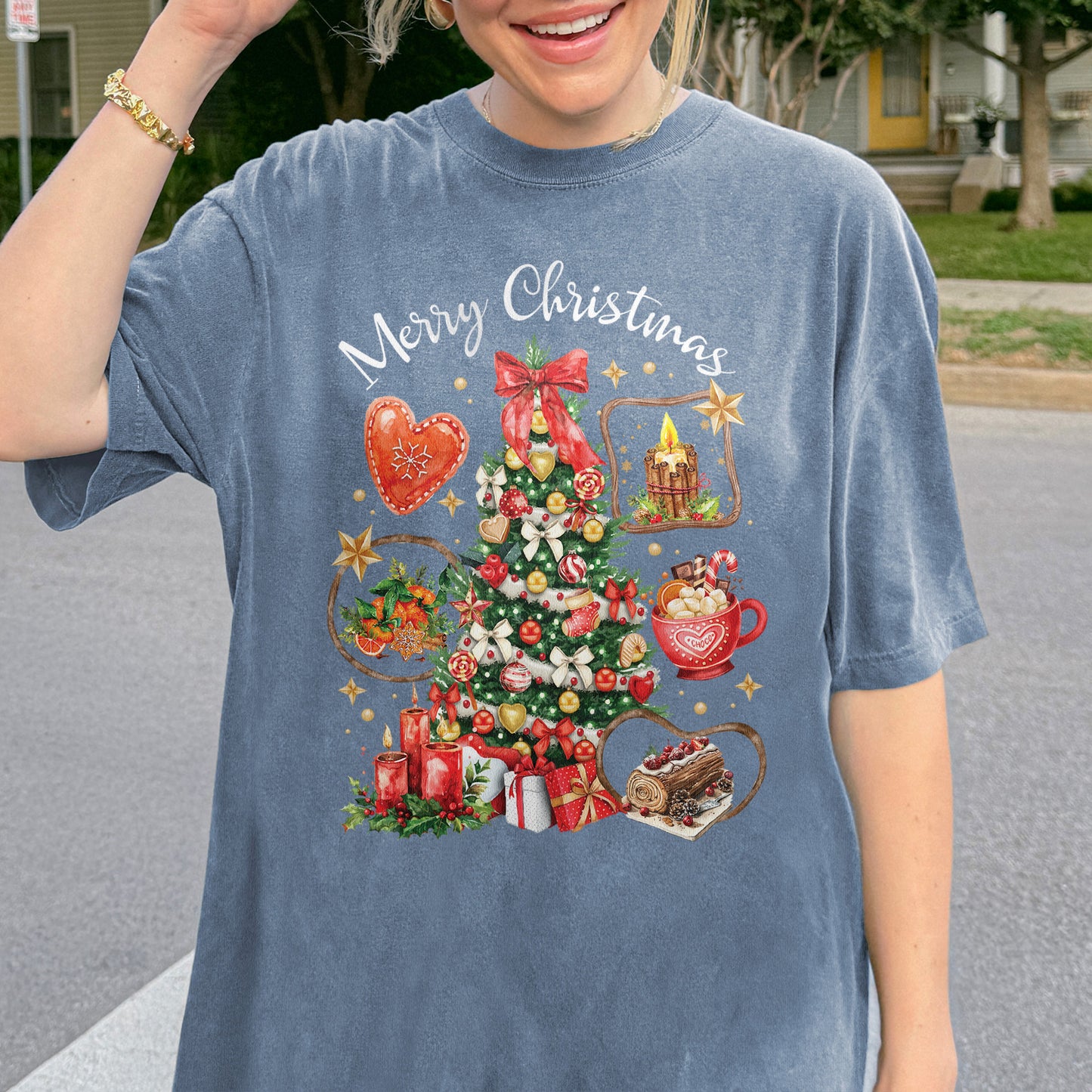 Vintage Merry Christmas Shirt – Christmas Tree Candy Cane Hot Cocoa Holiday Tee