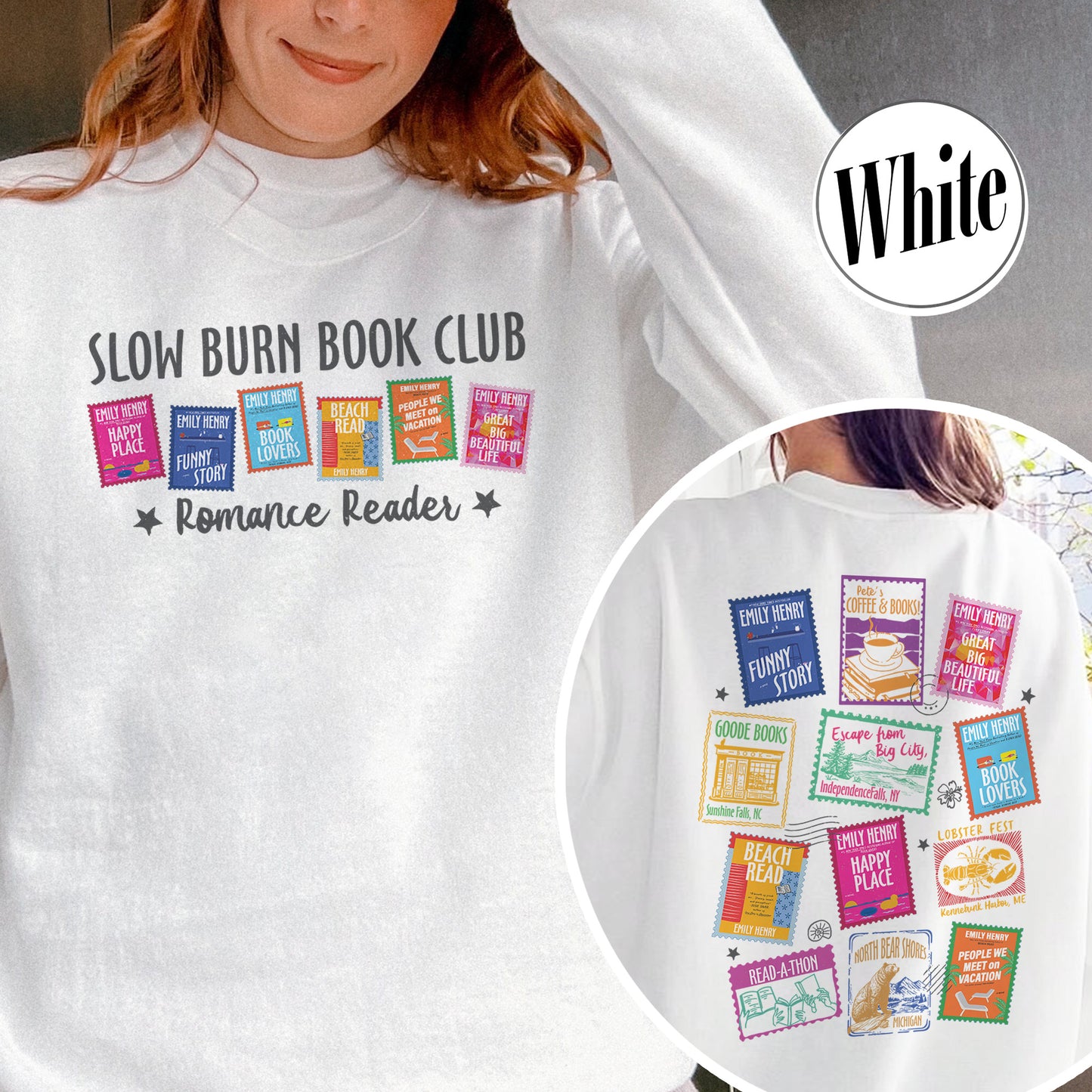 Book Lovers Sweatshirt,Emily Henry Books Stamp Sweatshirt, Sunshine Falls Sweatshirt, Happy Place Inspired Sweatshirt