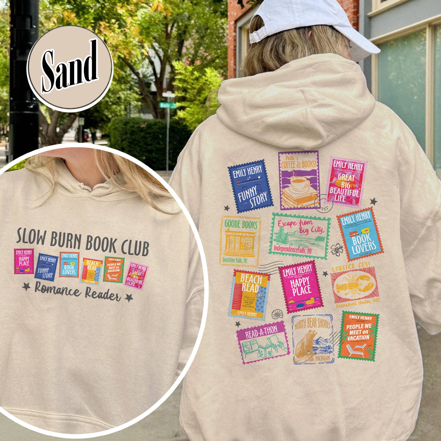 Book Lovers Hoodie,Emily Henry Books Stamp Hoodie, Sunshine Falls Hoodie, Happy Place Inspired Hoodie