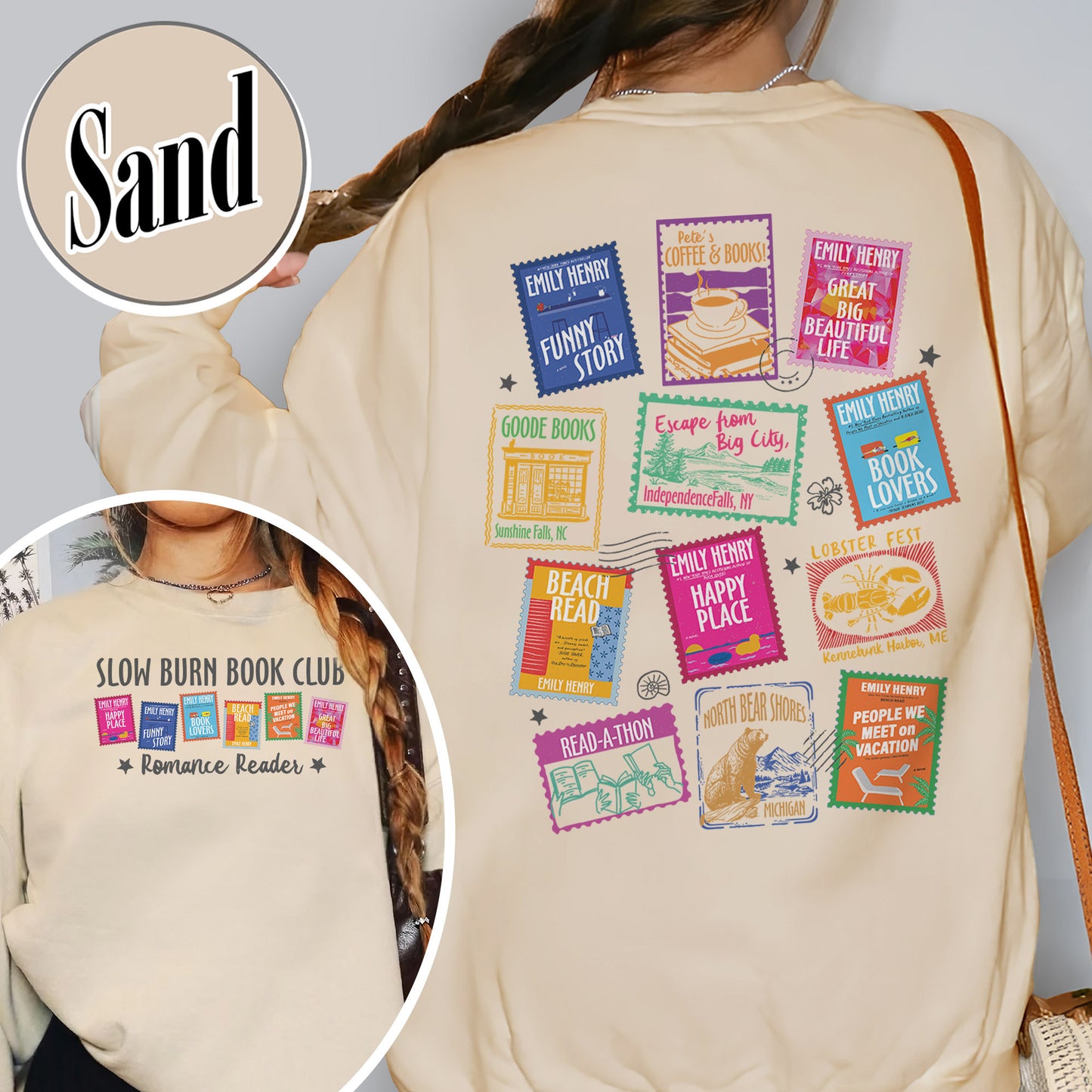 Book Lovers Sweatshirt,Emily Henry Books Stamp Sweatshirt, Sunshine Falls Sweatshirt, Happy Place Inspired Sweatshirt