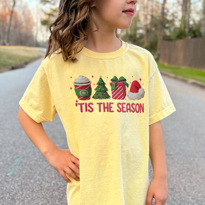 Tis The Season Shirt: Christmas Coffee, Holiday Gift, Santa Hat Tree, Festive Christmas Outfit Youth Tshirt