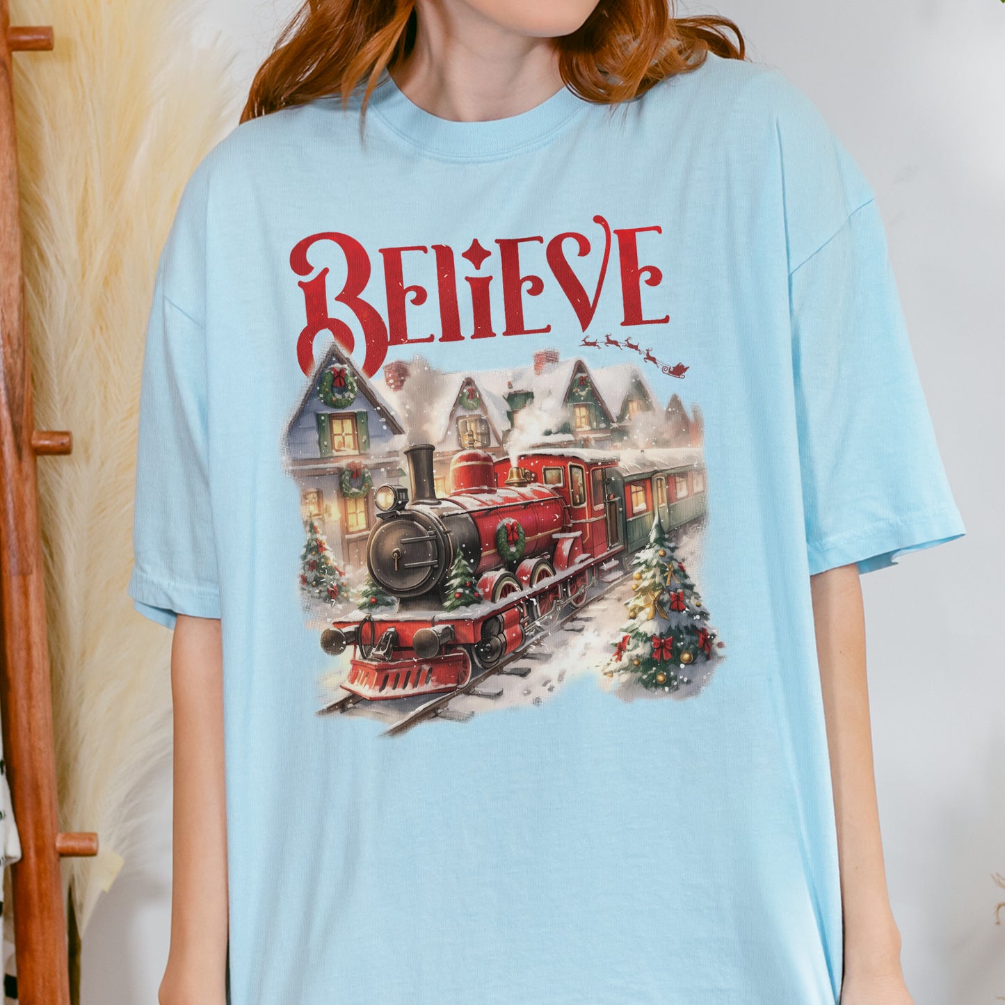 Believe Polar Express Christmas Train Shirt | Holiday Santa Sleigh Tee