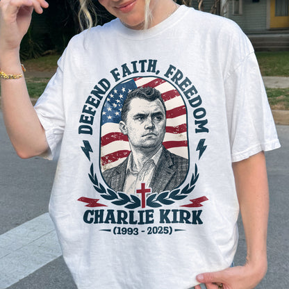 Charlie Kirk Defend Faith Freedom Shirt: Retro Americana Tribute Tee