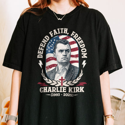 Charlie Kirk Defend Faith Freedom Shirt: Retro Americana Tribute Tee