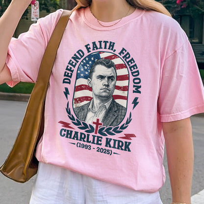 Charlie Kirk Defend Faith Freedom Shirt: Retro Americana Tribute Tee