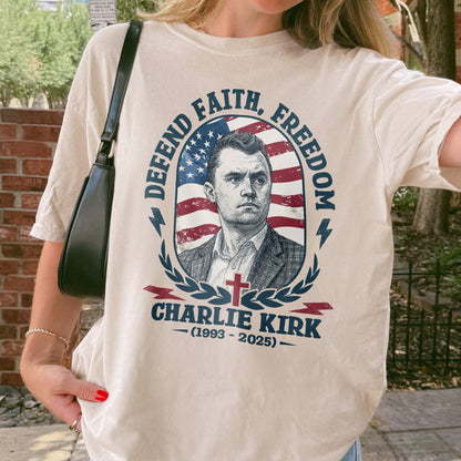 Charlie Kirk Defend Faith Freedom Shirt: Retro Americana Tribute Tee