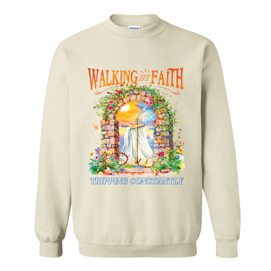 Christian Sweatshirt, Walking by Faith Tripping Constantly Sweatshirt, Inspirational Bible Verse Sweatshirt