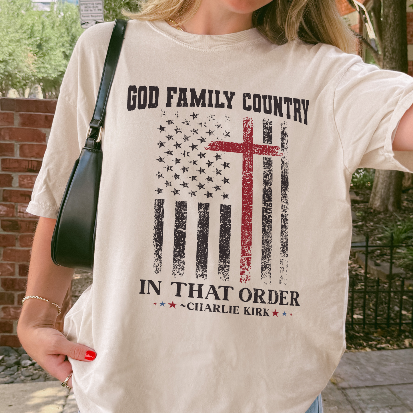 Comfort Colors® Charlie Kirk Shirt: God Family Country In That Order, Patriotic Christian Tee