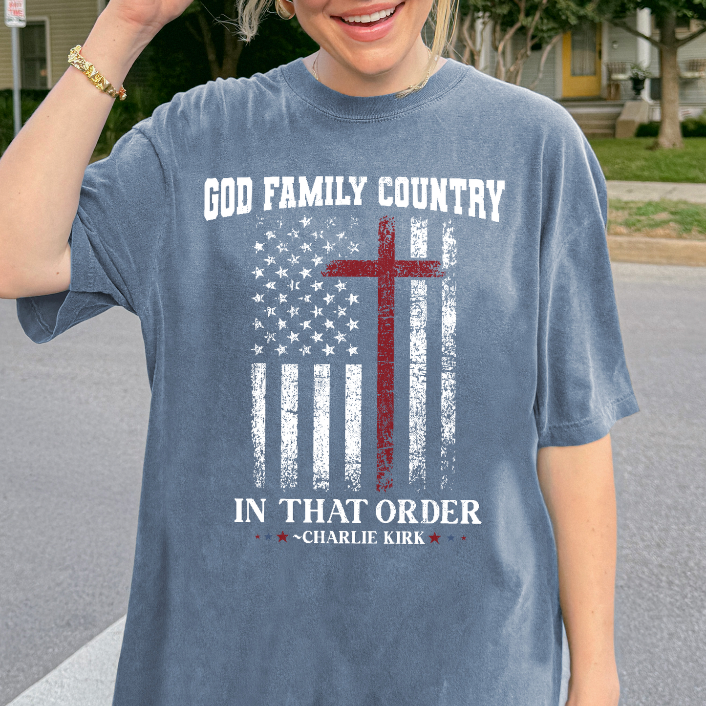 Comfort Colors® Charlie Kirk Shirt: God Family Country In That Order, Patriotic Christian Tee