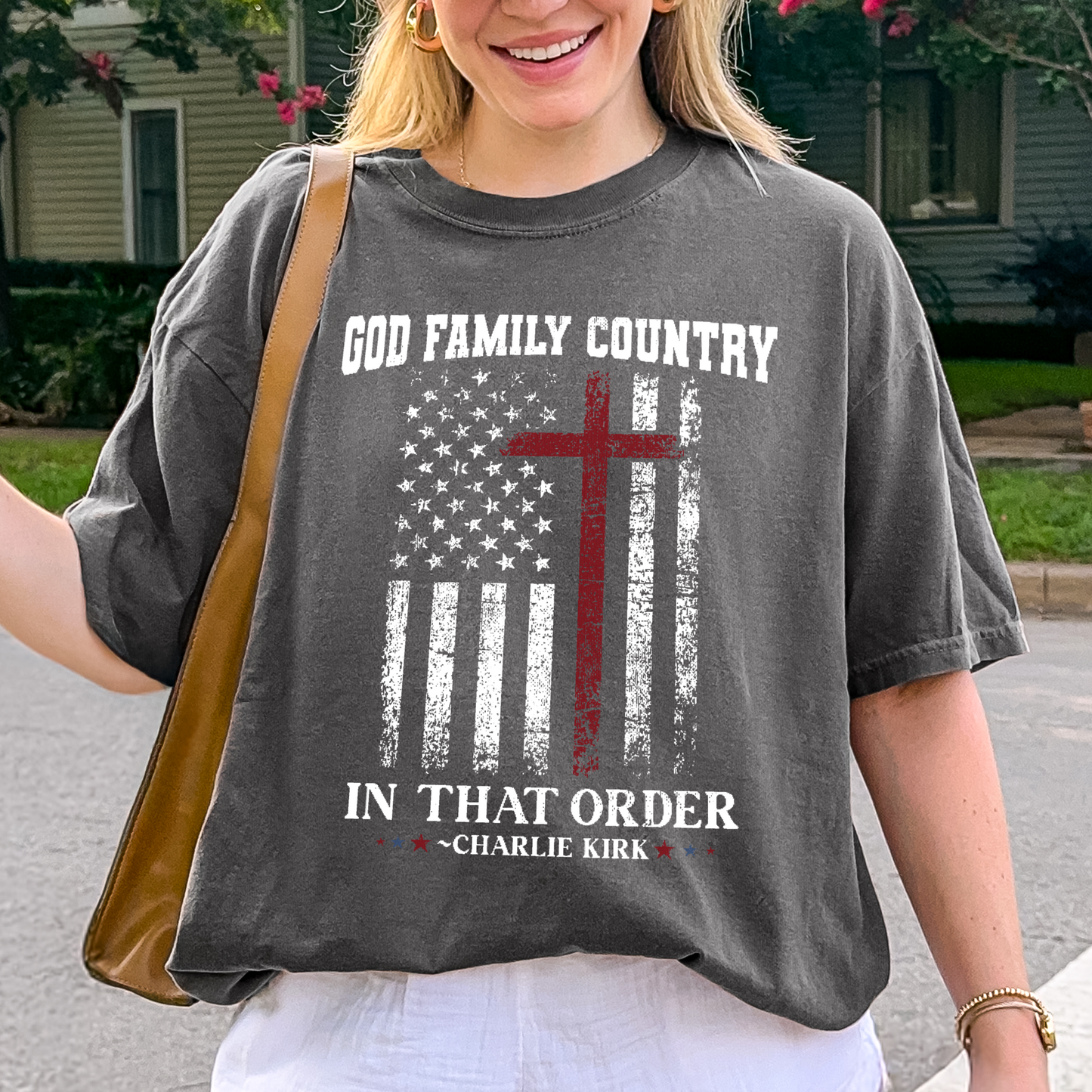 Comfort Colors® Charlie Kirk Shirt: God Family Country In That Order, Patriotic Christian Tee