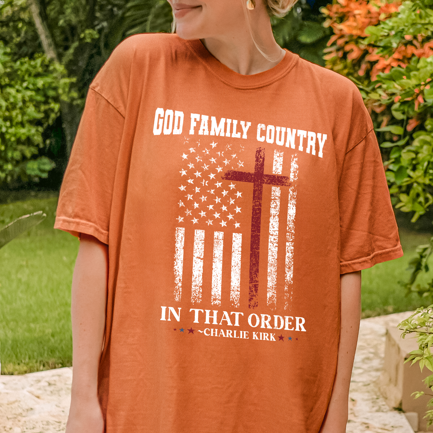 Comfort Colors® Charlie Kirk Shirt: God Family Country In That Order, Patriotic Christian Tee