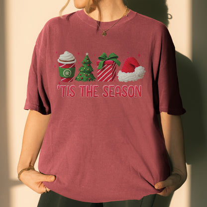 Tis The Season Shirt: Christmas Coffee, Holiday Gift, Santa Hat Tree, Festive Christmas Outfit Tshirt