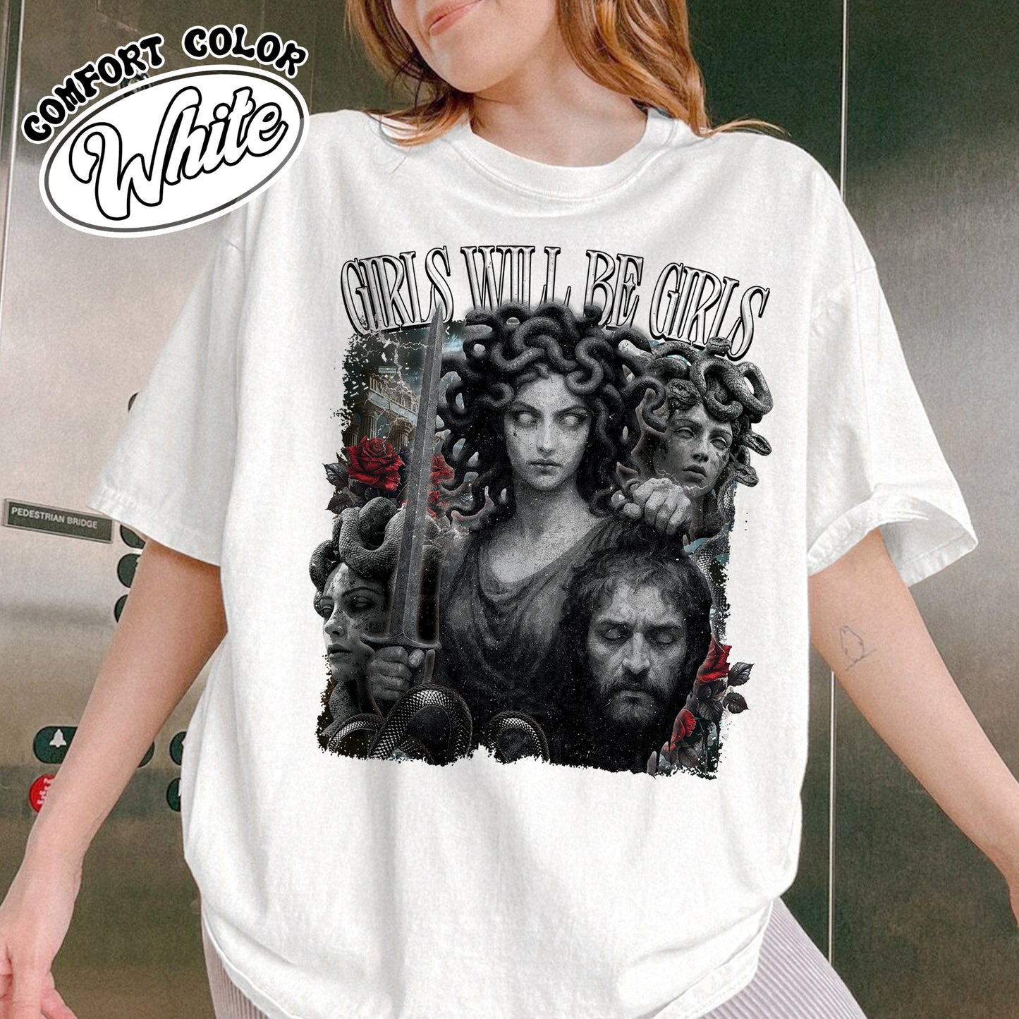 Feminist Comfort Color Shirt, Girls Will Be Girls Shirt, Medusa With the Head of Perseus Shirt