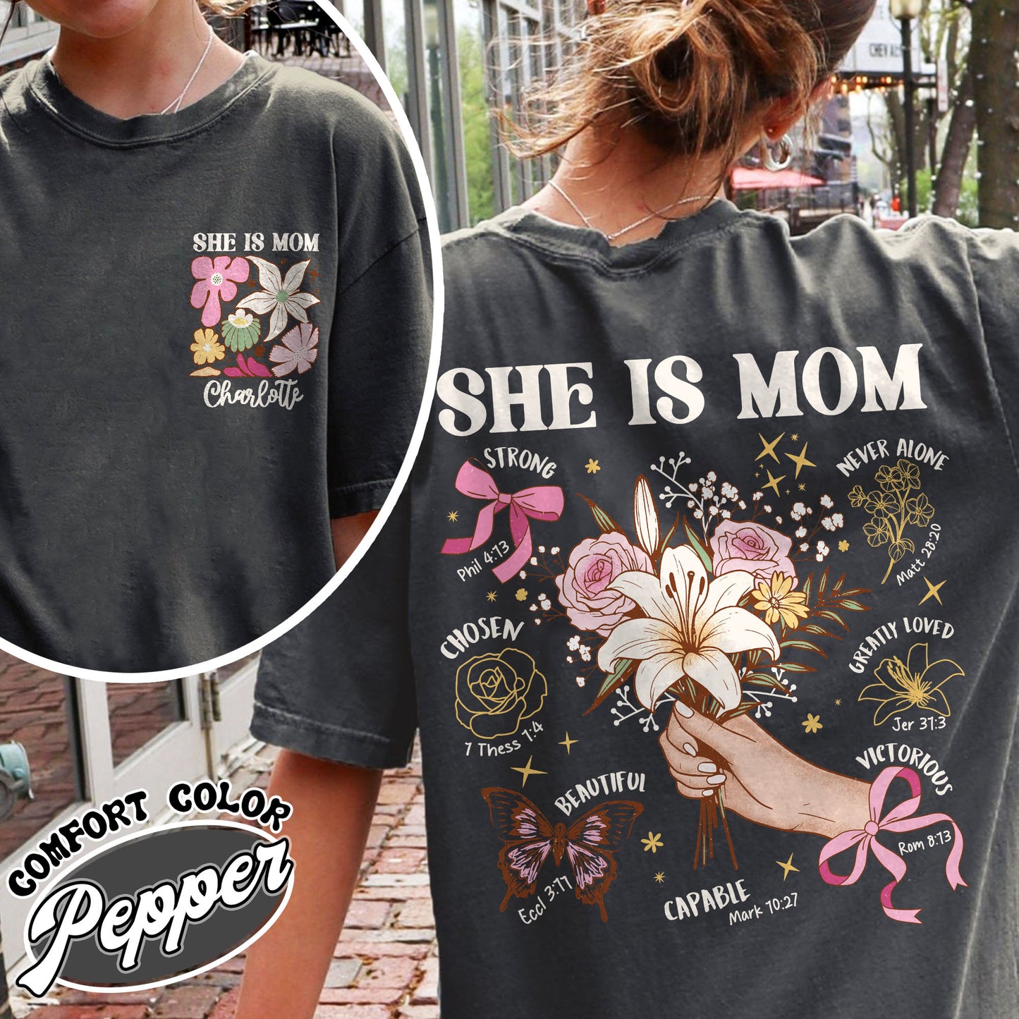 Floral Mother's Day Comfort Colors T-Shirt, She Is Mom Shirt,Custom Coquette Praying Mama Shirts