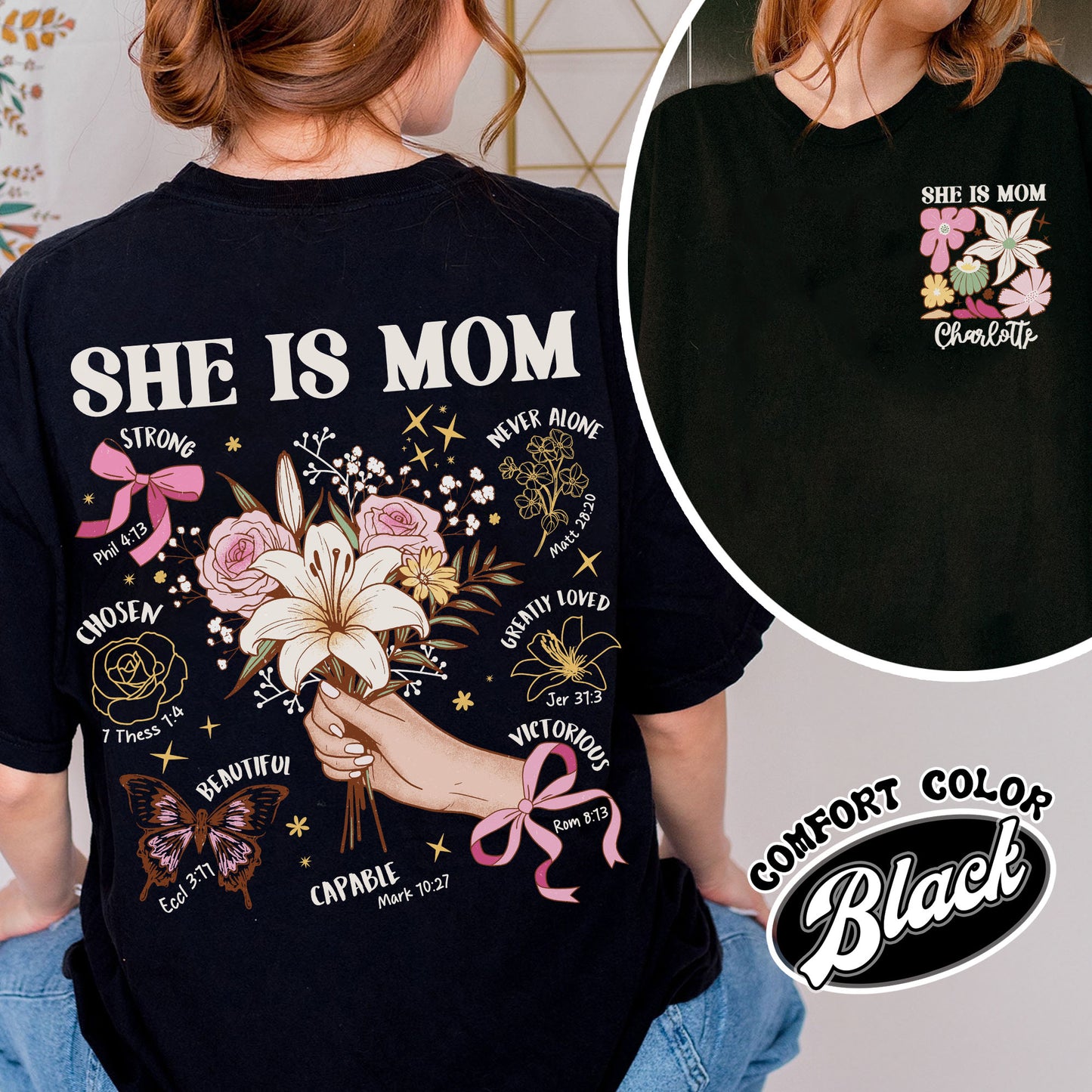 Floral Mother's Day Comfort Colors T-Shirt, She Is Mom Shirt,Custom Coquette Praying Mama Shirts