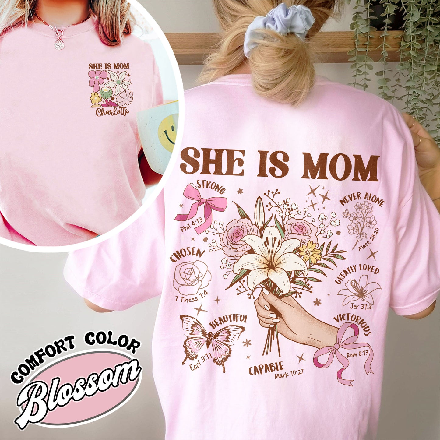 Floral Mother's Day Comfort Colors T-Shirt, She Is Mom Shirt,Custom Coquette Praying Mama Shirts