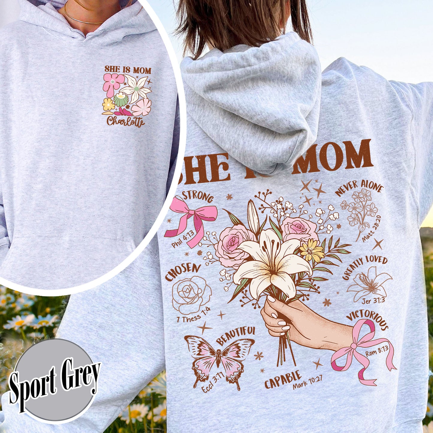 Floral Mother's Day Hoodie, She Is Mom Hoodie,Custom Coquette Praying Mama Hoodie