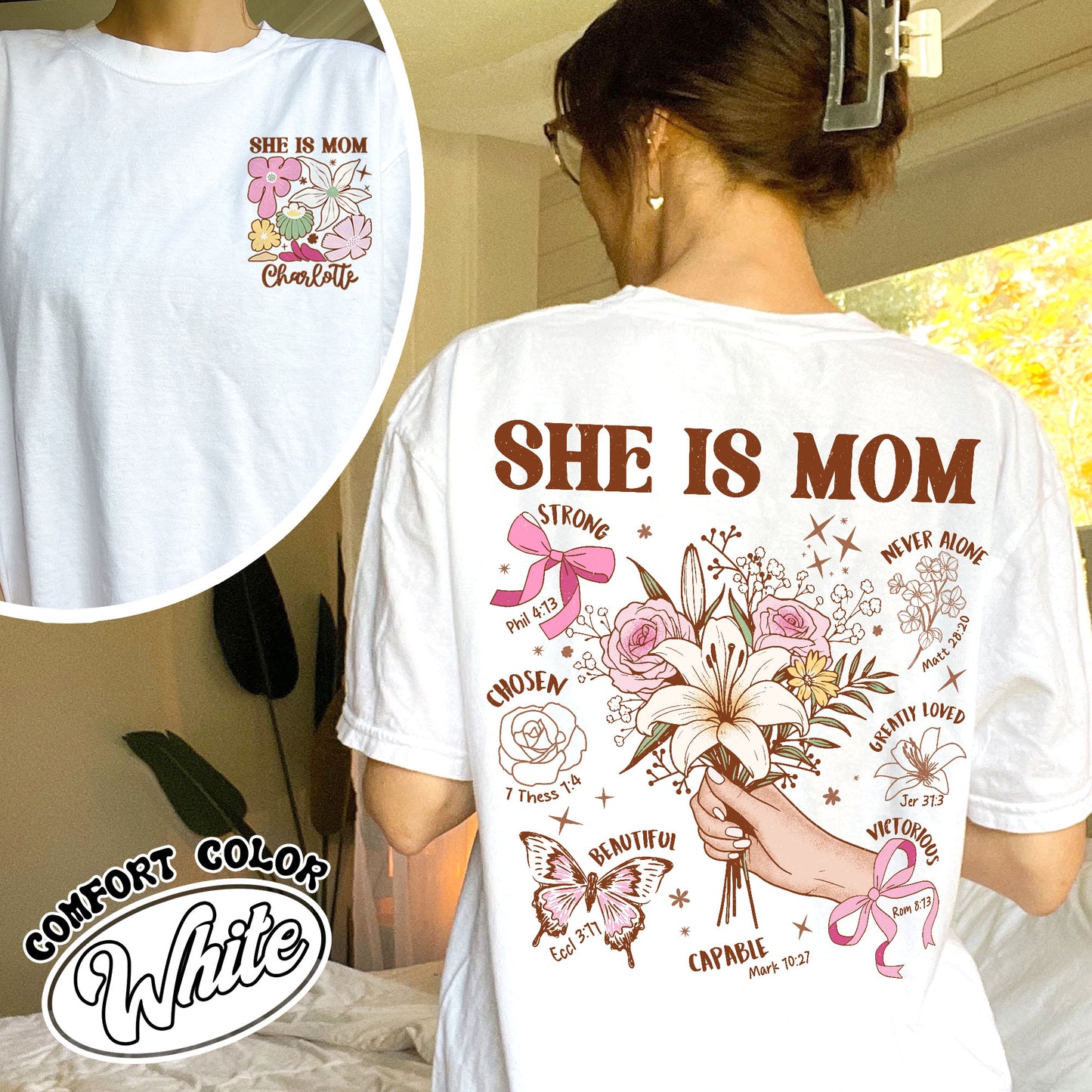 Floral Mother's Day Comfort Colors T-Shirt, She Is Mom Shirt,Custom Coquette Praying Mama Shirts