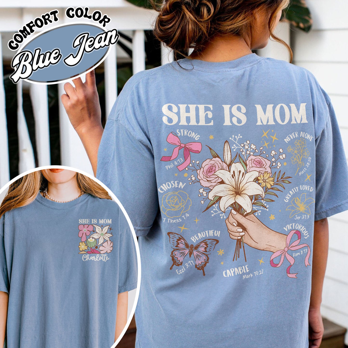 Floral Mother's Day Comfort Colors T-Shirt, She Is Mom Shirt,Custom Coquette Praying Mama Shirts