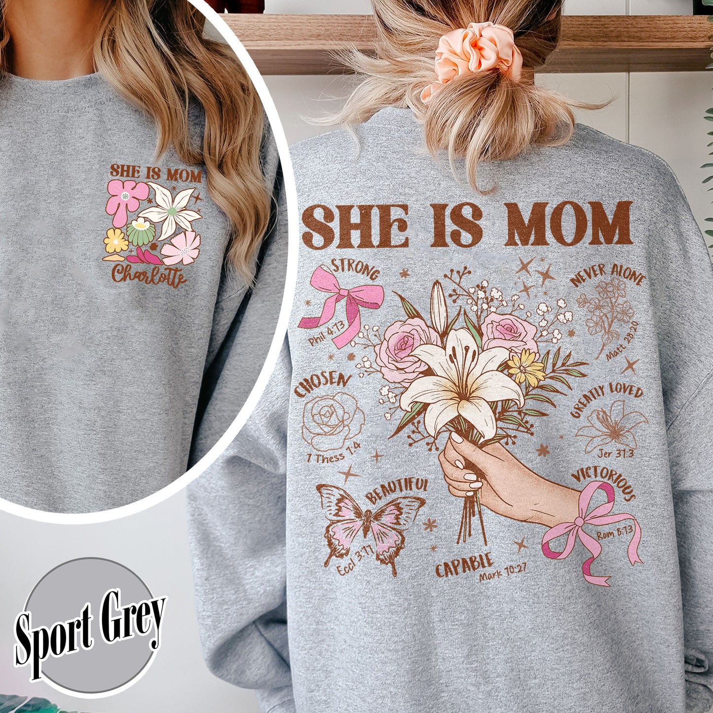 Floral Mother's Day Sweatshirt, She Is Mom Sweatshirt,Custom Coquette Praying Mama Sweatshirt
