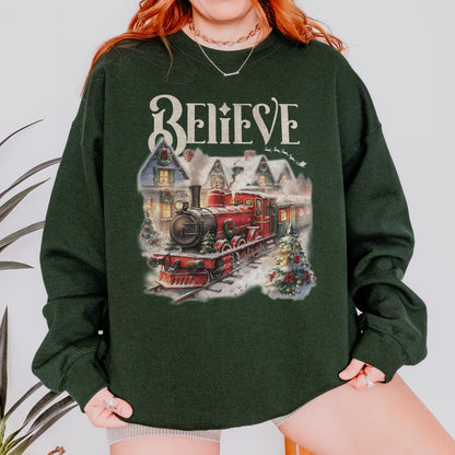 Believe Polar Express Christmas Train Sweatshirt | Holiday Santa Sleigh Sweatshirt