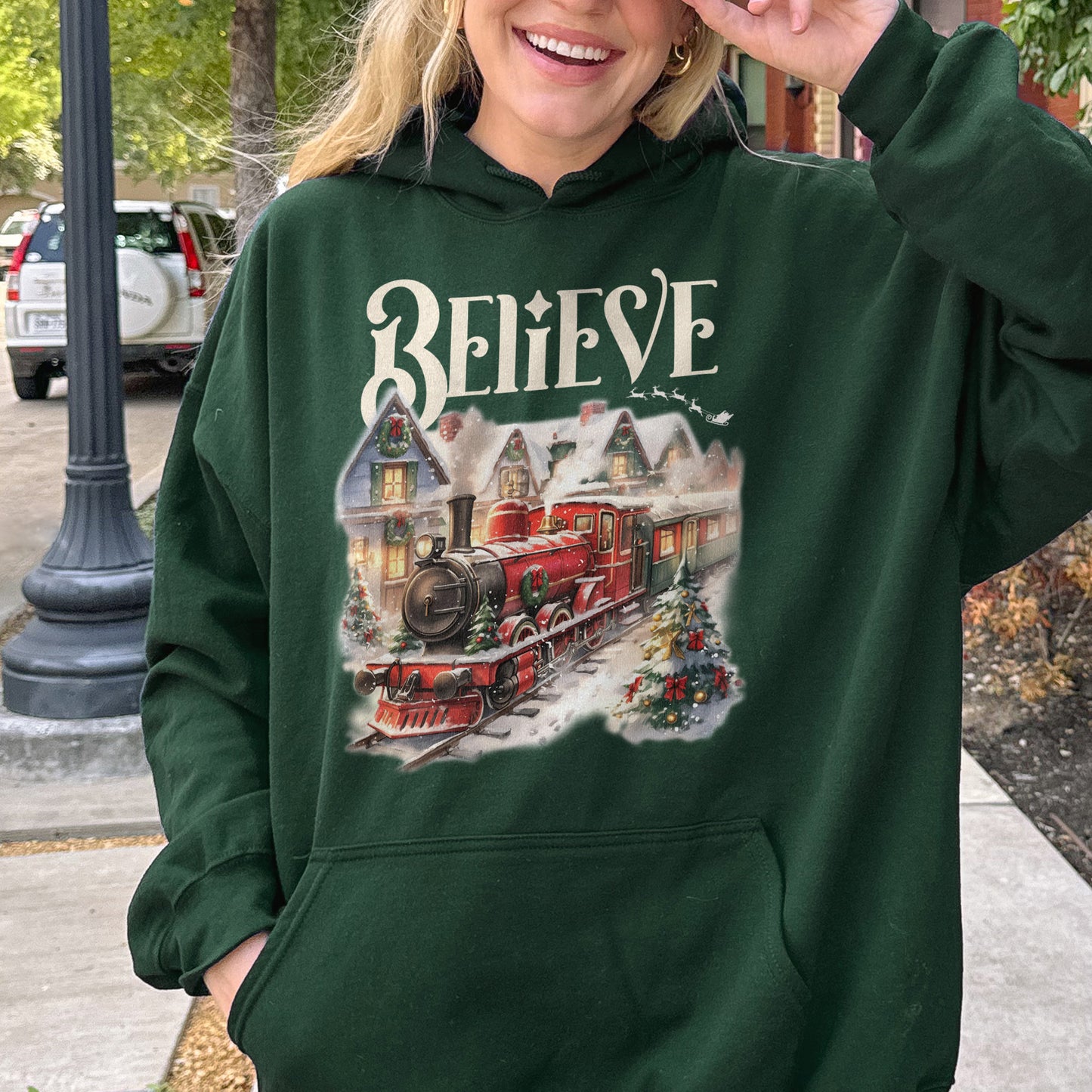 Believe Polar Express Christmas Train Hoodie | Holiday Santa Sleigh Hoodie