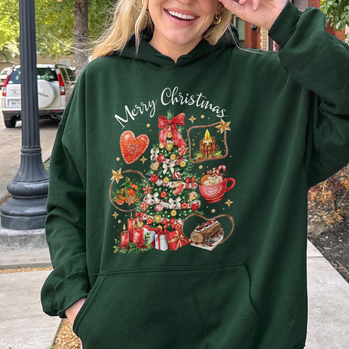 Vintage Merry Christmas Hoodie – Christmas Tree Candy Cane Hot Cocoa Holiday Hoodie